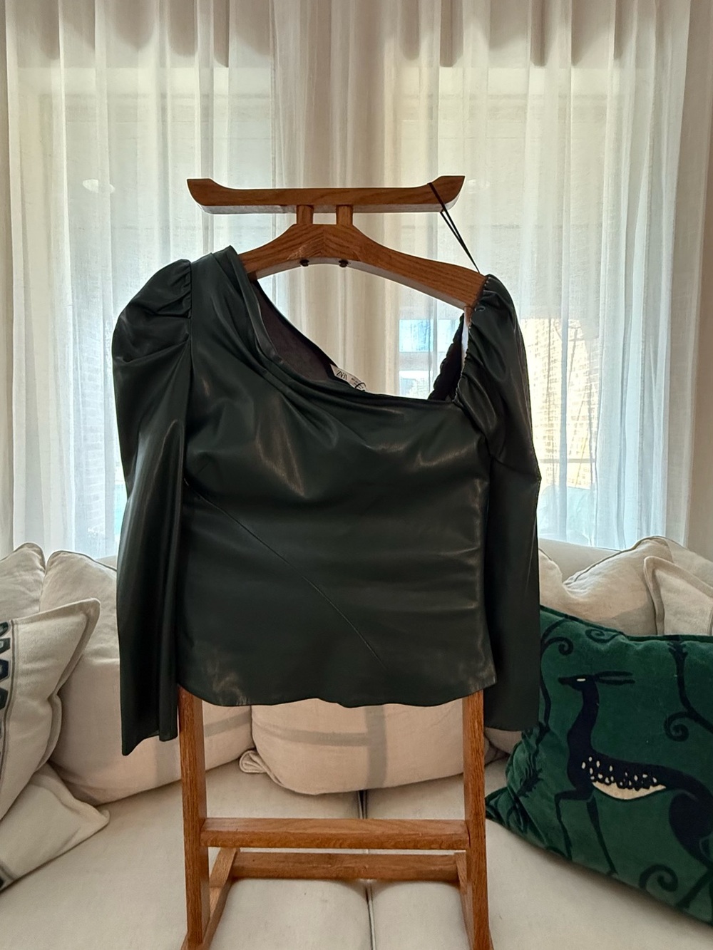 Zara Green Faux Leather Long-Sleeve Puff Shoulder Top